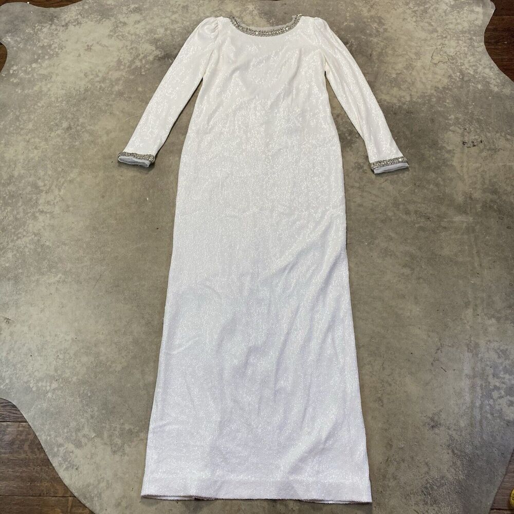 Rachel Zoe Dress Womens‎ 4 White Sequin Maxi Gown Open Back Embelished Outline
